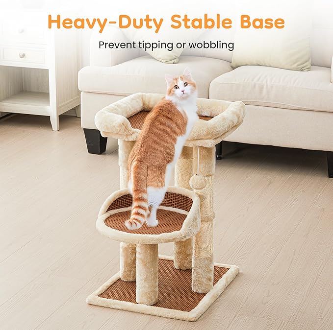 Multi-Level Cat Tower with Scratching Posts, Cat Tree with Double Cat Bed & Hanging Toys, Cute Climbing Tower with Sisal Scratcher for Kittens & Adult Cats, Cream White