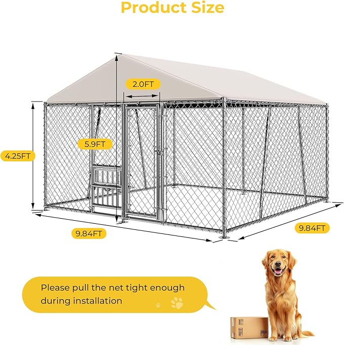 Lyromix 10 x 10FT Large Outdoor Dog Kennel with Bowls, Dog Kennel Outside with Waterproof Cover Roof, Galvanized Heavy Duty Chain Link Dog Runs Cage Playpen for Outside with Secure Lock