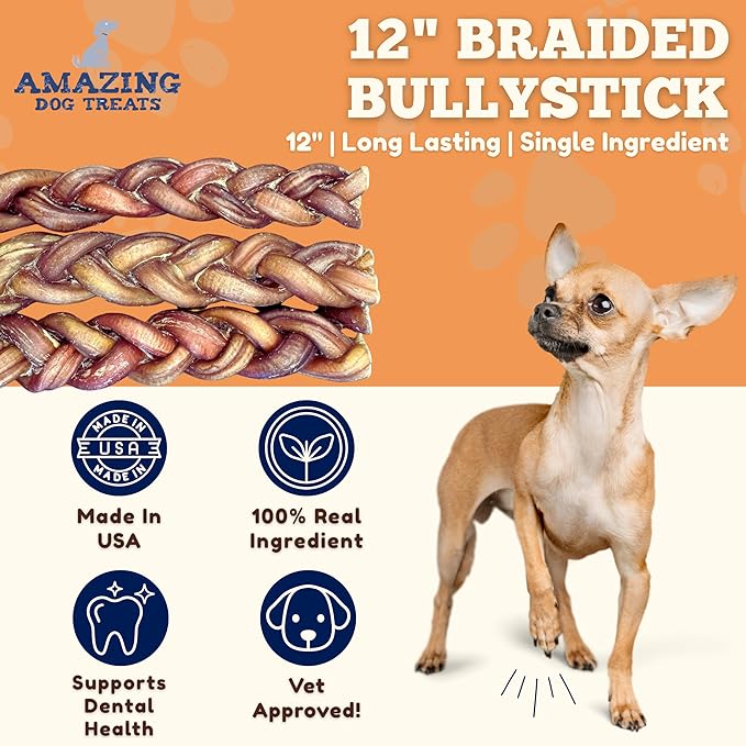 Amazing Dog Treats 12" Braided Bully Stick (5 Pcs/Pack) Bully Stick for Dogs - Made from Premium Grass Fed Beef