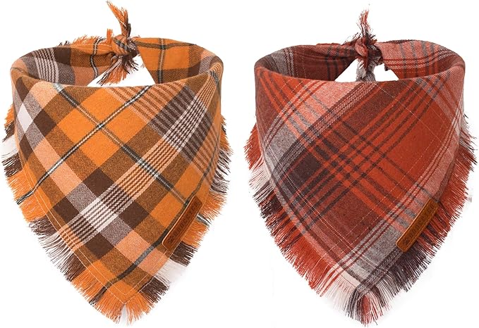 ADOGGYGO Fall Dog Bandana with Tassels Edges, Orange Red Plaid Pet Scarf Bib, Multiple Sizes Offered, Halloween Thanksgiving Fall Bandanas for Medium Large Dogs Pets (Large)