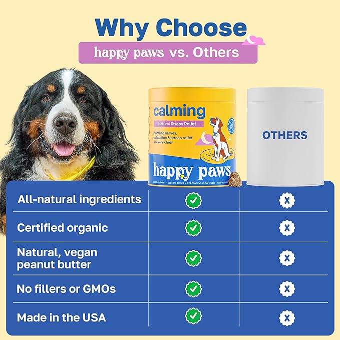 Happy Paws Calming Chews for Dogs, Relaxation & Anxiety Support for All Breeds & Ages, Dog Sleep Aid with L Theanine & Chamomile, Vegan Peanut Butter Flavor, Organic, Non GMO, 200 Soft Chews