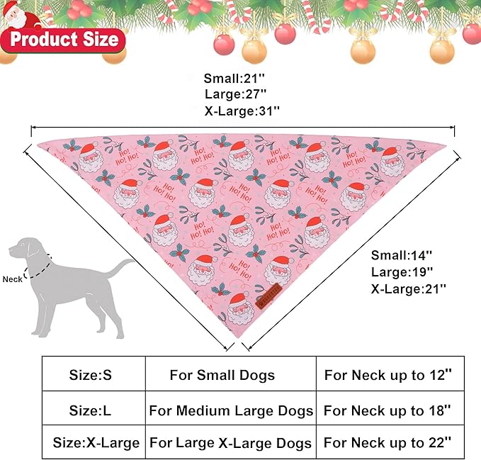 ADOGGYGO Pink Christmas Dog Bandana, Santa Xmas Tree Dog Scarf, Adjustable Fit Pink Pet Christmas Bandanas for Large and Extra Large Dogs (X-Large)
