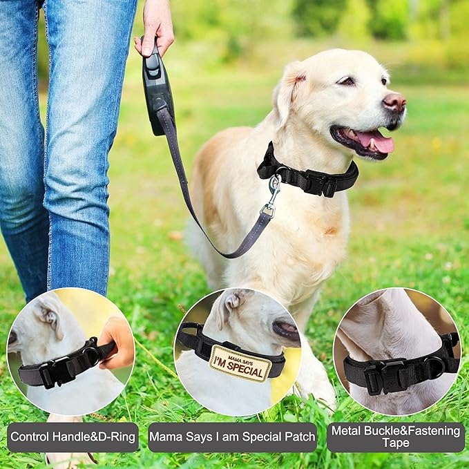KCUCOP Tactical Dog Collar with Handle,Adjustable Military Dog Collar with Metal Buckle and Patches,Heavy Duty Dog Collars for Large Dogs (Black-XL)