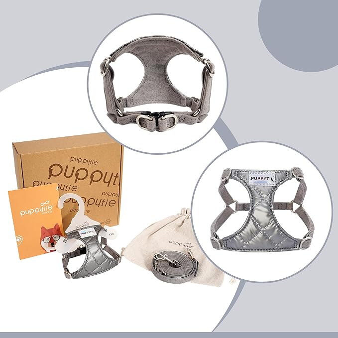 Puppytie No Pull Small Dog Harness with Multifunction Dog Leash,Lightweight Soft Adjustable No Choke Escape Proof Pet Harness Vest Pet Harness Vest,Glossy Grey,S