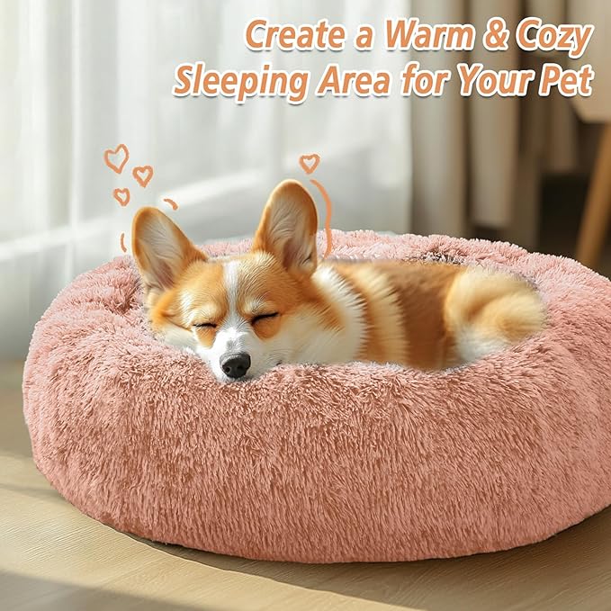 JOLLYVOGUE Small Dog & Cat Beds for Indoor Cats, Donut Cuddler Warming Soft Dog Beds with Anti-Slip Bottom, Round Calming Fluffy Plush Faux Fur Cushion Bed for Medium Dogs (27", Peach Pink)