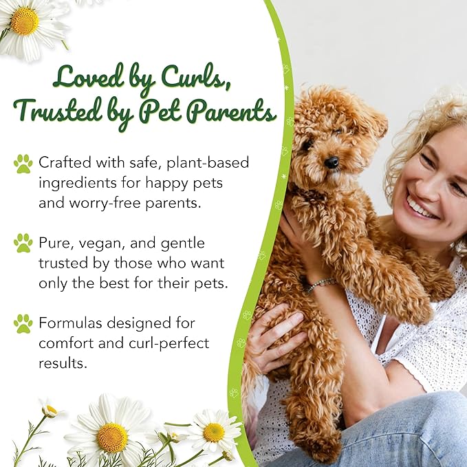 Curly Dog Grooming Kit – Travel-Size Shampoo, Conditioner, Curl Cream & Curl Refresh Detangler Spray, for Doodle, Poodle & Curly Coats, TSA-Friendly Gift Bundle (Chamomile)
