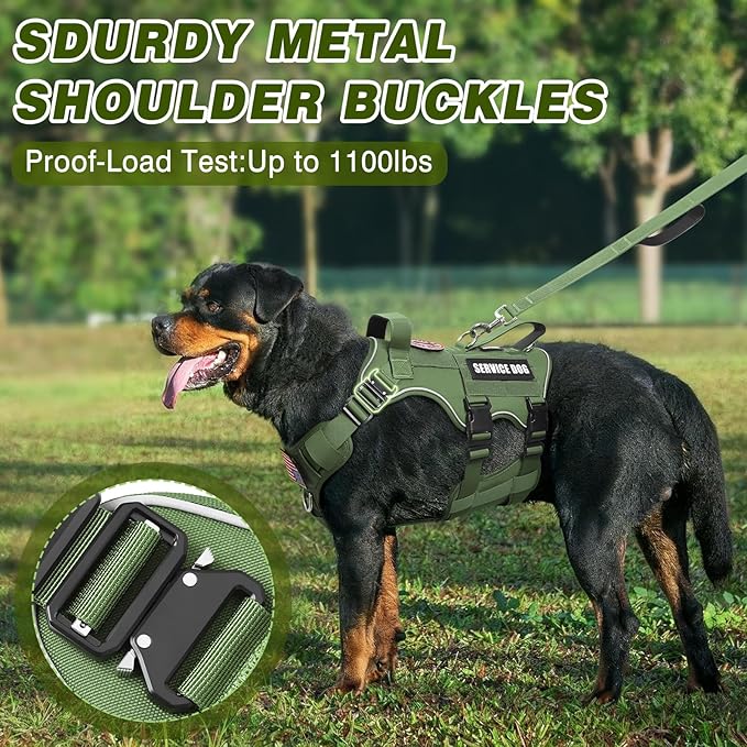Tactical Service Dog Vest Harness and Leash Set,Heavy Duty Dog Harness with Metal Buckles for Large Dogs,Adjustable No Pull Pet Vest with 10 Patches,for Training Working Hiking,Green XL