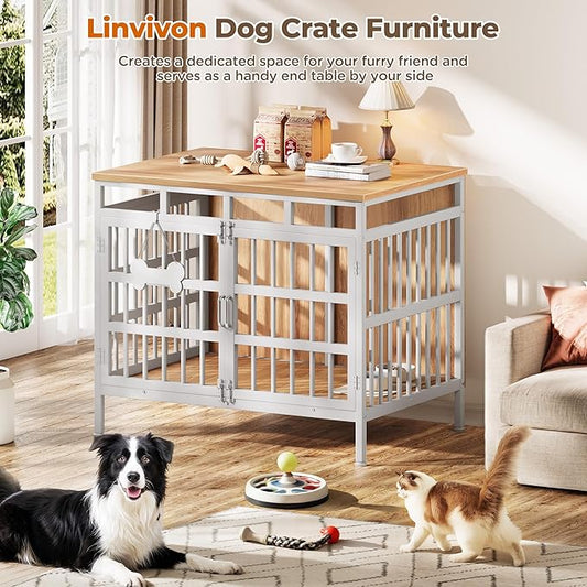 39 Inch Dog Crate Furniture, Heavy Duty Dog Kennel for Small Medium Large Dogs, Double Doors Indoor Decor Pet House Cage, Anti Escape Wooden Dog Cage with Name Tag End Table, TV Stand, Beige