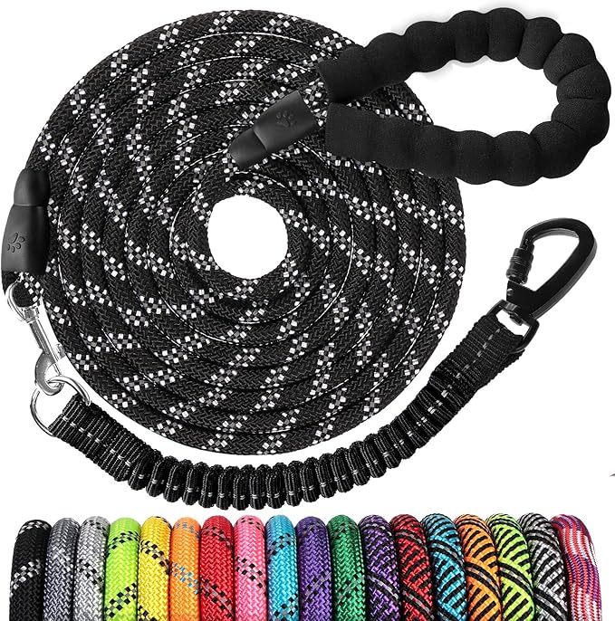 Long Dog Leash 30 FT: Heavy Duty Rope Leashes for Dogs Training with Swivel Lockable Hook Reflective Threads Bungee and Padded Handle - Dog Lead for Large Small Medium Dogs Outside Walking Hiking