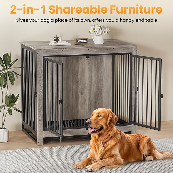 Dog Crate Furniture, 42 InchI ndoor Large Dog Kennel for Medium to Large Dogs Up to 70 LBS, Heavy Duty Wooden Pet Cage End Table with 3 Doors, Alloy Steel Frame & Removable Tray