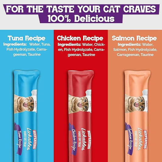 Beefeaters Cat Treats Variety Pack Lickable Puree 48ct – Salmon, Tuna & Chicken, Grain-Free, Taurine-Enriched, Ideal for Training & Interactive Feeding