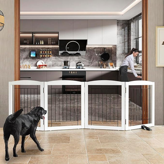 ZJSF Freestanding Dog Fence Indoor, Foldable Dog Gate for Doorways, Stairs or Hallways, Sturdy Wood Extra Wide Pet Gate with Support Feet for The House, White, 24 "Height-4 Panels