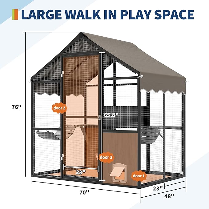 Large Outdoor Cat Enclosure for Multiple Cats - Weatherproof Catio with UV Cover, Platform & Side Door