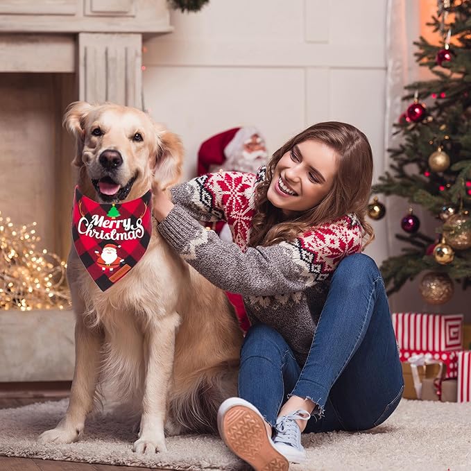ADOGGYGO 2 Pack Dog Bandana Christmas Classic Plaid Pet Scarf Triangle Bibs Kerchief Merry Christmas Santa Snowman Bandana for Large X-Large Dogs Pets (X-Large)