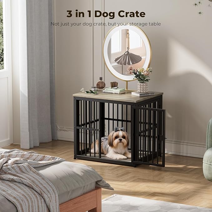 Lyromix 27'' Dog Crate Furniture with 3 Doors,Wooden Crate End Table Heavy Duty Indoor Puppy Cage for Small Dogs, Multiple Units Can be Combined, Grey