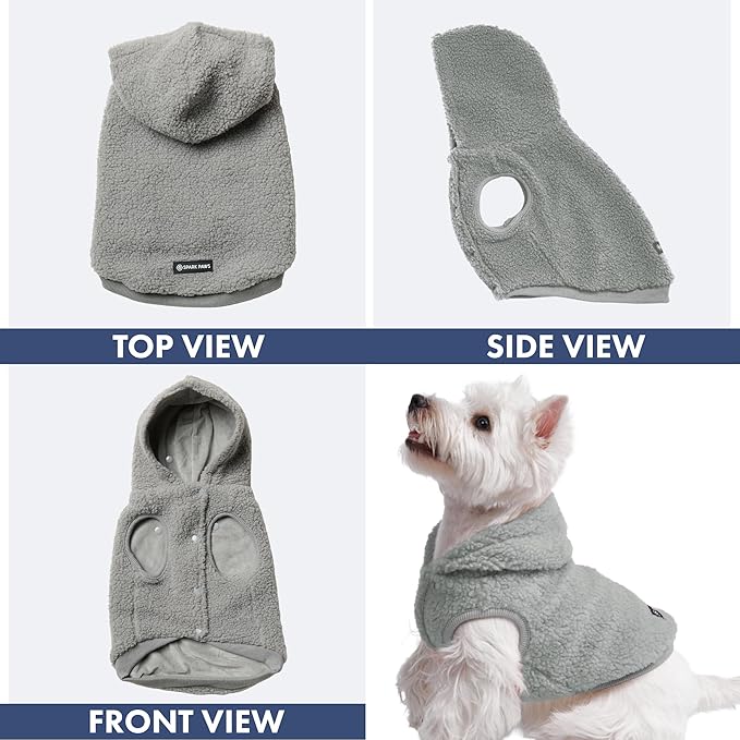 Spark Paws Fleece Dog Jacket, Hooded Sweater Vest, Warm Coat for Winter - Suitable for Small Medium Large XL XXL Breeds - Silver Grey - S