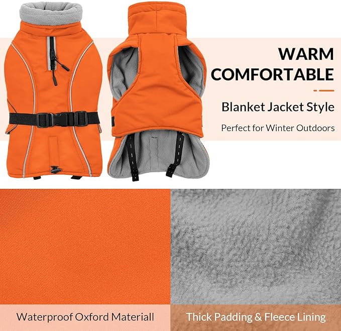Queenmore Winter Dog Coat Warm Dog Jacket Vest Waterproof Puffer Fleece Snowsuit Adjustable Buckle Leash Hole Reflective Cold Weather Parka for Small Medium Large Dogs Girl Boy Orange XL