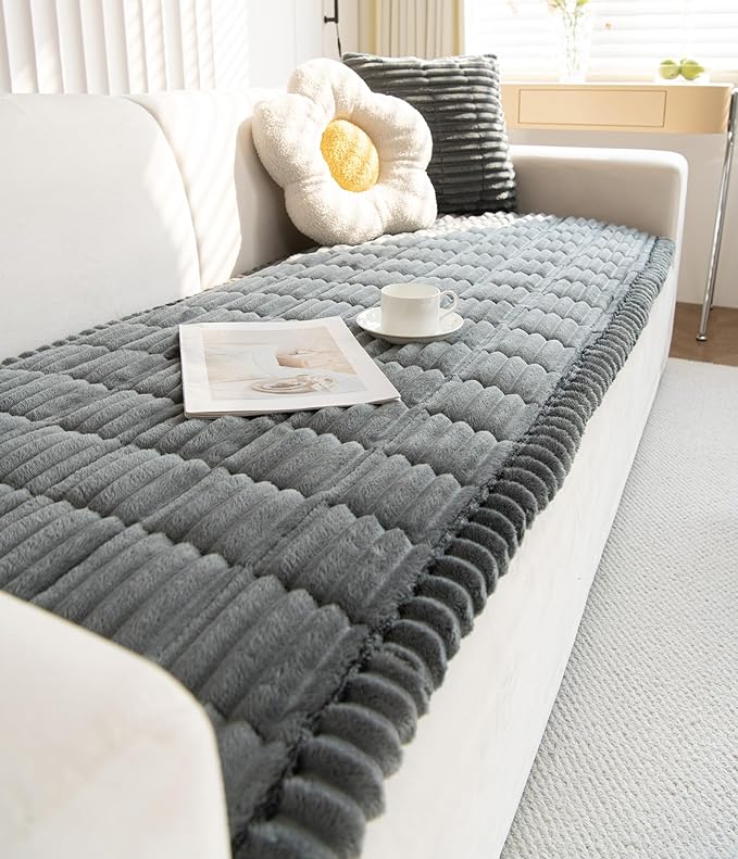 Faux Fur Plush Dog Couch Cover 3D Stripe Fuzzy Sofa Cover Non-Slip Fluffy Dog Bed Cover Pet Blanket Sofa Couch Furniture Protector for Puppy Large Dog Cat (Dark Grey,24"x82")