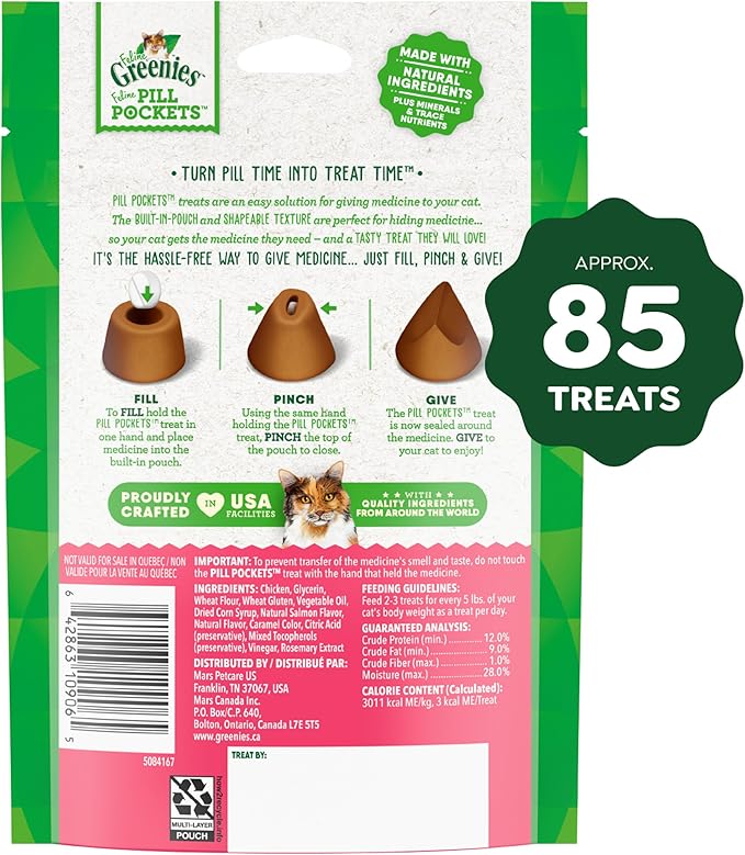 Greenies Feline Pill Pockets for Cats Soft Cat Treats, Salmon Flavor, 3 oz. Pouch, 85 Count