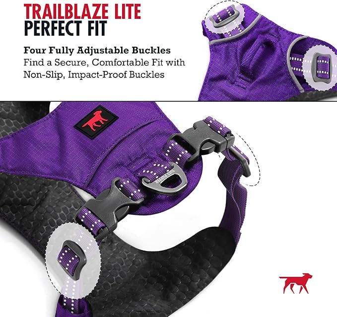 Tuff Pupper All-Day Wear Dog Harness | for Walking, Trail Running, Hiking | Front & Back Leash Clips | Reflective Trim | Easy On/Off Buckles | Lightweight Breathable | No Pull Design (Medium, Purple)