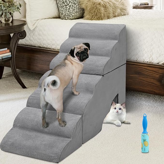 Dog Stair for High Beds 36 inches Tall, 33D Foam Dog Ramp for Bed 32 inches, 7-Step Pet Stair Steps for Small Large Dogs for Bedsides Climbing, Non-Slip Doggie Steps for Older Dogs/Cats, Grey