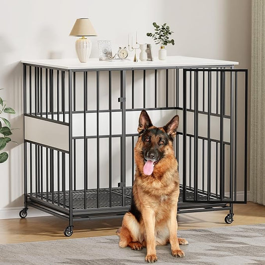 Dog Crate Furniture for Extra Large Dogs, 47 Inch Indoor Kennel, Wooden Pet Cage Decorative Corner End Table with Caster Wheels & Double Removable Tray, White