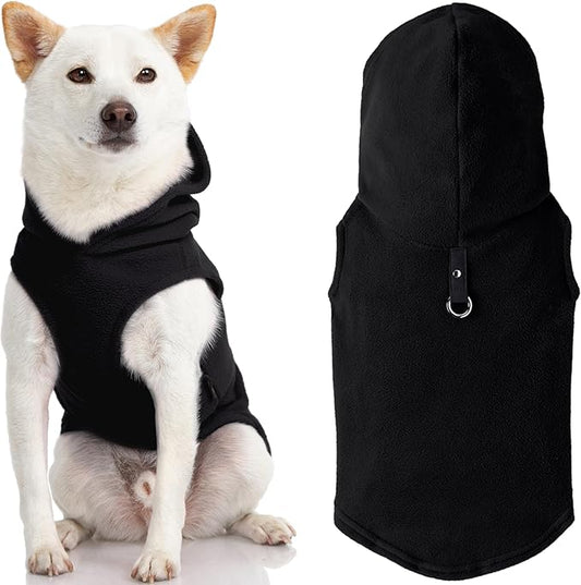 Gooby Fleece Vest Hoodie Dog Sweater - Black, X-Large - Warm Pullover Dog Hoodie with O-Ring Leash for Small to Medium Dogs