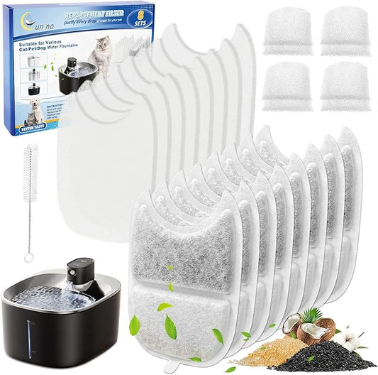 8+8 Set Cat Water Fountain Filters & Pump Sponges for 135 fl oz/4L Wilreless Cat Water Fountain, Replacement Filters & Sponges Pet Drinking Fountain Battery Operated for YPD-C004S,YPD-C004P