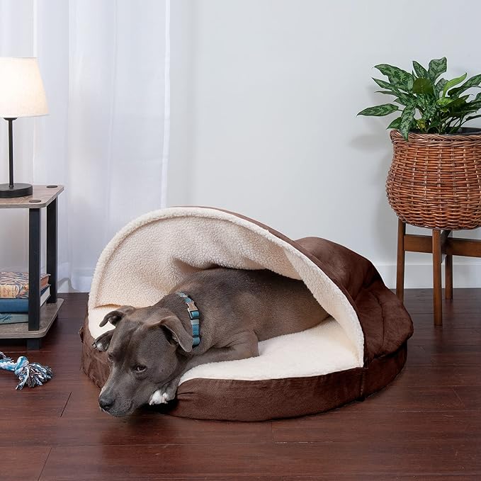 Furhaven 35" Round Cooling Gel Dog Bed for Large/Medium Dogs w/ Removable Washable Cover, For Dogs Up to 50 lbs - Sherpa & Suede Snuggery - Espresso, 35-inch