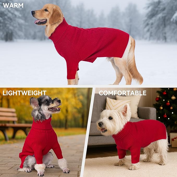 cyeollo Dog Christmas Sweaters for Medium Dogs Male, Stretchy Warm Turtleneck Doggy Clothes for Fall Winter, Thermal Knit Pet Apparel with Sleeves, Red XL