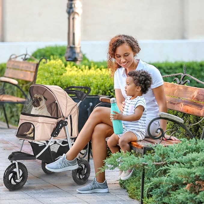Critter Sitters 3-Wheel Jogging Dog Stroller with Storage Basket and Cup Holders, Modern and Stylish Pet Stroller for Medium to Large Pets up to 55 Pounds, Tan