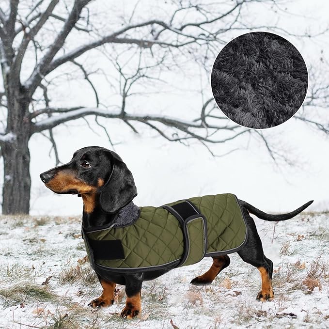 Warm Thermal Quilted Dachshund Coat,Dog Winter Coat with Warm Fleece Lining,Outdoor Dog Apparel with Adjustable Bands for Medium Dog-Army Green-M