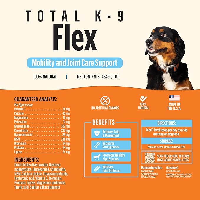 Pivotal Total K-9 Flex – All-Natural Hip and Joint Supplement for Dogs - with Glucosamine, MSM, Vitamin C, Chondroitin – Dog Joint Relief – 1lb