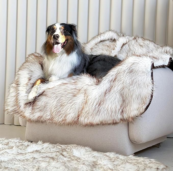 Waterproof Dog Blanket for Small, Medium & Large Dogs – Faux Fur Pet Throw for Couch, Sofa, Bed & Car – Soft, Washable, Stain-Resistant, Durable Cover – White w/Brown Tips – 60" x 50"