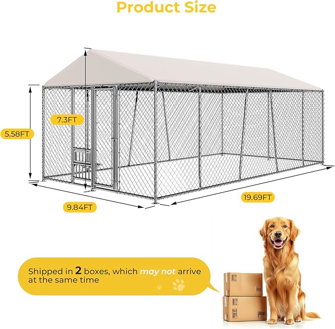 Lyromix 10 x 20FT Large Outdoor Dog Kennel with Bowls, Dog Kennel Outside with Waterproof Cover Roof, Galvanized Heavy Duty Chain Link Dog Runs Cage Playpen for Outside with Secure Lock