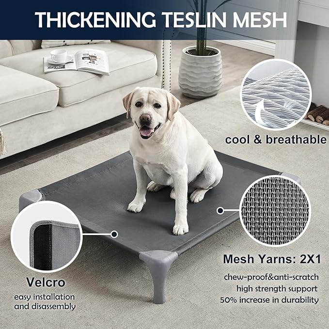 Elevated Dog Bed for Large Dogs, Easy to Assemble Raised Dog Cot with Pet-Friendly Feet, Aluminum Alloy Frame, Breathable Mesh (Light Grey)