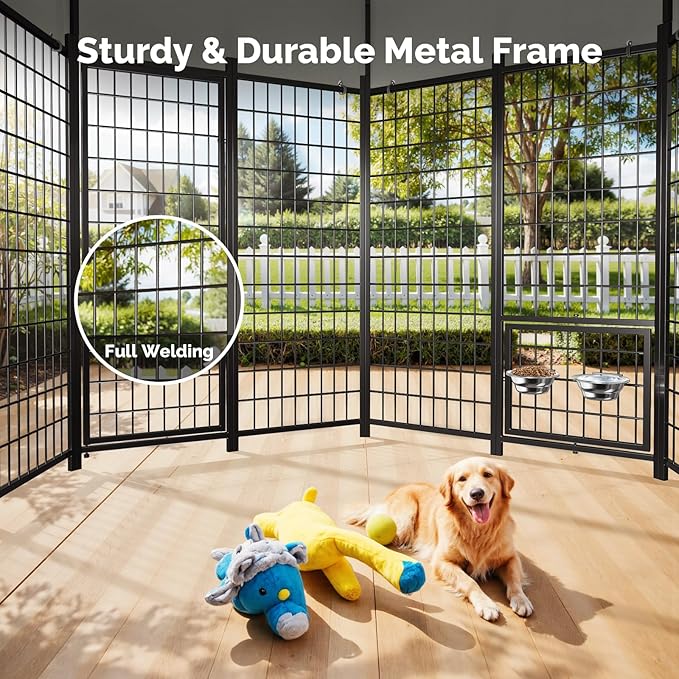 Sino Luban Outdoor Dog Kennel Outside Run with Doggy Door, Swivel Feeder&Roof - 7x7x6.4FT Large Dog Kennels Pens Outside for Large/Multiple Dogs - Heavy Duty Cage(Can Connect to Your Dog House)
