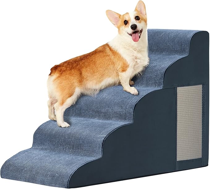 Pet Stairs, Dog Stairs for Small Dogs, Dogs Steps, 5-Step Curved Dog Ramp for Bed, Couch, Sofa, Car and Chairs, Non-Slip Bottom Design, Cat Scratching Board, High Density Foam Portable Pet Step, Navy