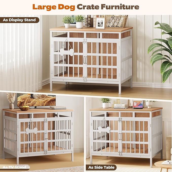 39 Inch Dog Crate Furniture, Heavy Duty Dog Kennel for Small Medium Large Dogs, Double Doors Indoor Decor Pet House Cage, Anti Escape Wooden Dog Cage with Name Tag End Table, TV Stand, Beige