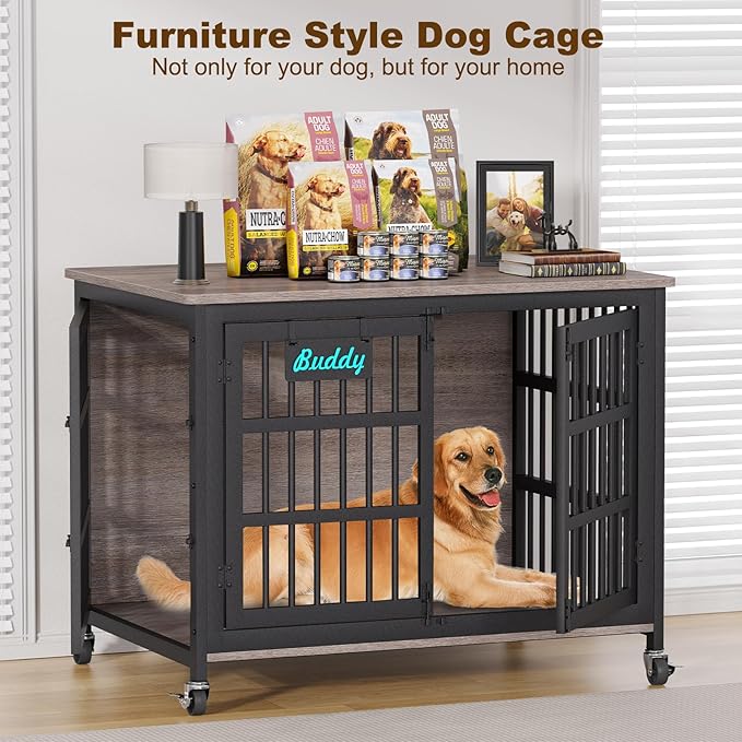 EasyCom 42"/41"/33" XL Dog Crate Furniture with Casters, Heavy Duty Dog Kennel Indoor for Large and Medium Dogs, Double-Doors Sturdy Dog Cage for Anxiety Dog, Decorate House as TV Stand, Bedside Table