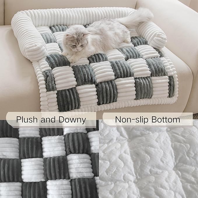 Couch Covers for Dogs and Cats, Fuzzy Dog Sofa bed with Cream Square Plaid, Plush Pet Couch Cover Bed, Thickened Quilted Furniture Protector Mat for Large Medium Pets (Dark Grey 35.43"*35.43")