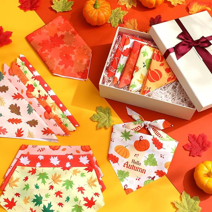 100 Pieces Thanksgiving Fall Dog Bandanas Bulk Maple Leaves Autumn Dogs Bandanas Soft Doggie Bibs Adjustable Triangle Scarves with Pumpkin Patterns for Small Medium Large Pet Costume
