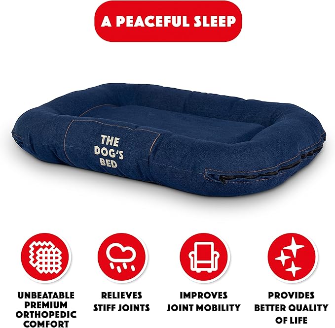The Dog's Bed Utility Waterproof Dog Bed, Medium, Durable Blue Denim Fabric, Tough YKK Zippers, Washable Reversible Cover for Home, Car, Crate & Yard, Puppy & All Pet Comfort, Veterinary Approved