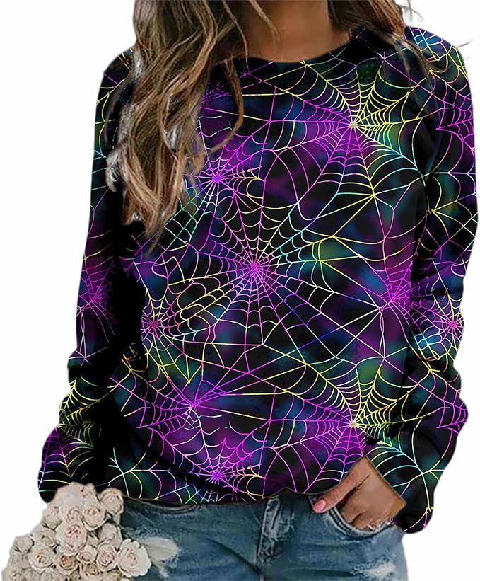 MARSVOVO Fall Sweatshirt for Women Novelty Spider Web Shirt Dressy Casual Crewneck Tunic Tops Spring Graphic Pullover