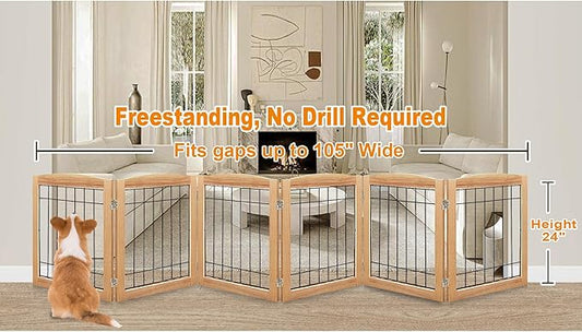 LZRS 6-Panel Extra Wide Wooden Freestanding Dog Gate: Foldable Solid Wood and Steel Wire Chew Resistant Safety Barrier for Doorways, Stairs, and Open Long Spaces Indoor Use, Natural