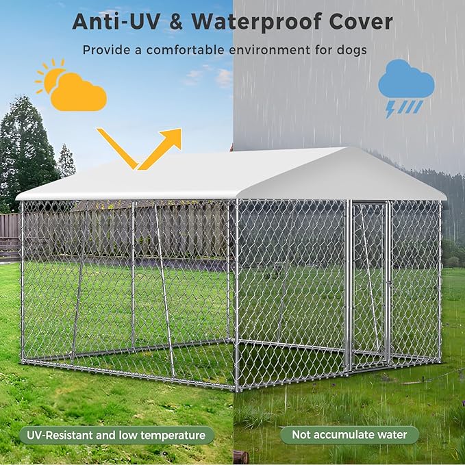 Lyromix Upgraded 10×10FT Outdoor Dog Kennel with Roof, Large Dog House Pen Enclosure with Sidebar, Heavy Duty Chain Link Kennel with Lock for Outside Backyard