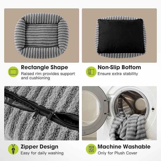 MIXJOY Dog Bed Medium Size Dog, Washable Medium Dogs Bed with Removable Cover, Soft Rectangle Doggy Ded Fluffy Plush Faux Fur Pet Bed with Anti-Slip Bottom, 30"x24"x8", Grey