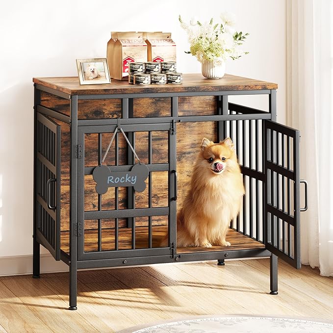 29 Inch Dog Crate Furniture, Heavy Duty Dog Kennel for Small or Medium Dogs, Double Doors Indoor Decor Pet House Cage, Anti Escape Wooden Dog Cage with Name Tag End Table, TV Stand, Brown