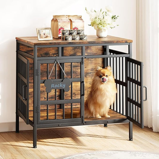 29 Inch Dog Crate Furniture, Heavy Duty Dog Kennel for Small or Medium Dogs, Double Doors Indoor Decor Pet House Cage, Anti Escape Wooden Dog Cage with Name Tag End Table, TV Stand, Brown