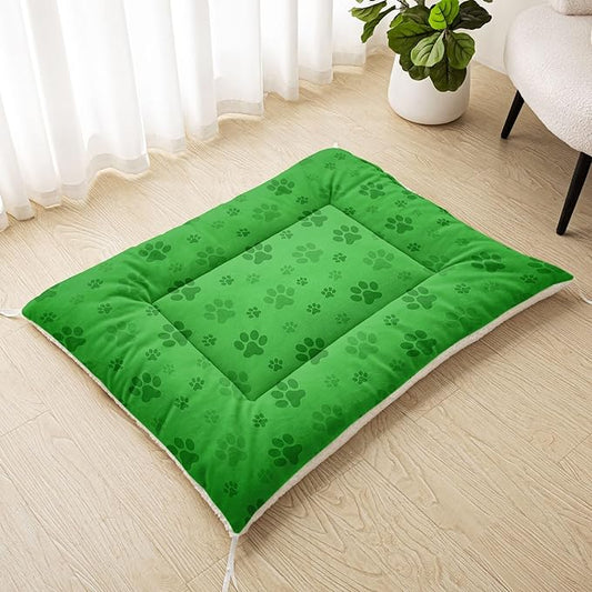 Dog Crate Bed Washable Crate Pad Cartoon Paw Green Printed Soft Fluffy Pet Sleeping Mat for Large Medium Small Animals(Paw-5 L)